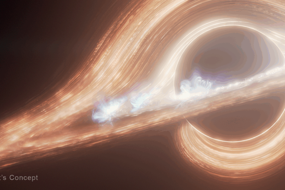 Este conceito artístico retrata o buraco negro supermassivo no centro da galáxia Via Láctea, conhecido como Sagitário A* (A-estrela). Ele é cercado por um disco de acreção de gás quente em rotação. A gravidade do buraco negro dobra a luz do lado oposto do disco, fazendo com que pareça envolver o buraco negro por cima e por baixo. Vários pontos quentes em erupção, semelhantes a flares solares, mas em uma escala mais energética, podem ser vistos no disco. O Telescópio Espacial James Webb da NASA detectou tanto flares brilhantes quanto piscadas mais tênues provenientes de Sagitário A*. As piscadas são tão rápidas que devem se originar muito próximas ao buraco negro. Ilustração: NASA, ESA, CSA, Ralf Crawford (STScI)