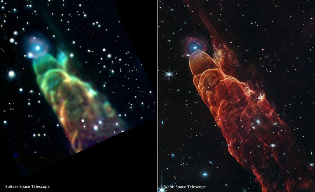 Esta comparação lado a lado mostra uma imagem do objeto HH 49/50 capturada pela câmera infravermelha IRAC do Telescópio Espacial Spitzer (à esquerda) e uma imagem do Telescópio Espacial James Webb (à direita), obtida com os instrumentos NIRCam (Near-Infrared Camera) e MIRI (Mid-Infrared Instrument).
A imagem do Webb revela detalhes intrincados do gás e da poeira aquecidos, enquanto o jato protoestelar colide com o material ao redor. O telescópio também conseguiu resolver o “objeto difuso” localizado na ponta do fluxo, revelando tratar-se de uma galáxia espiral distante.
Na imagem do Spitzer, a luz de 3,6 micrômetros é mostrada em azul, 4,5 micrômetros em verde e 8,0 micrômetros em vermelho (IRAC1, IRAC2, IRAC4).
Já na imagem do Webb, o azul representa 2,0 micrômetros (F200W), o ciano 3,3 micrômetros (F335M), o verde 4,4 micrômetros (F444W), o laranja 4,7 micrômetros (F470N) e o vermelho 7,7 micrômetros (F770W). Créditos: NASA, ESA, CSA, STScI, NASA-JPL, SSC