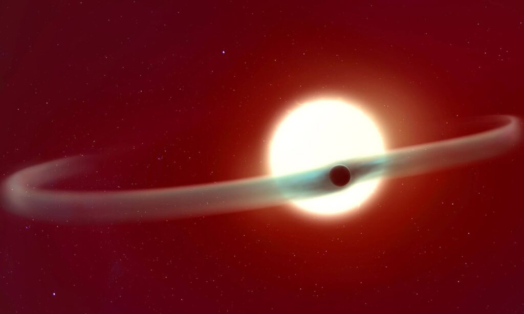 Ilustração artística do exoplaneta WASP-121 b exibindo duas caudas alongadas de hélio que se estendem por grande parte de sua órbita ao redor da estrela-mãe.