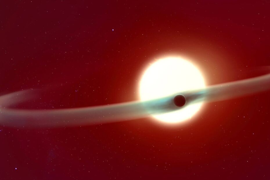 Ilustração artística do exoplaneta WASP-121 b exibindo duas caudas alongadas de hélio que se estendem por grande parte de sua órbita ao redor da estrela-mãe.