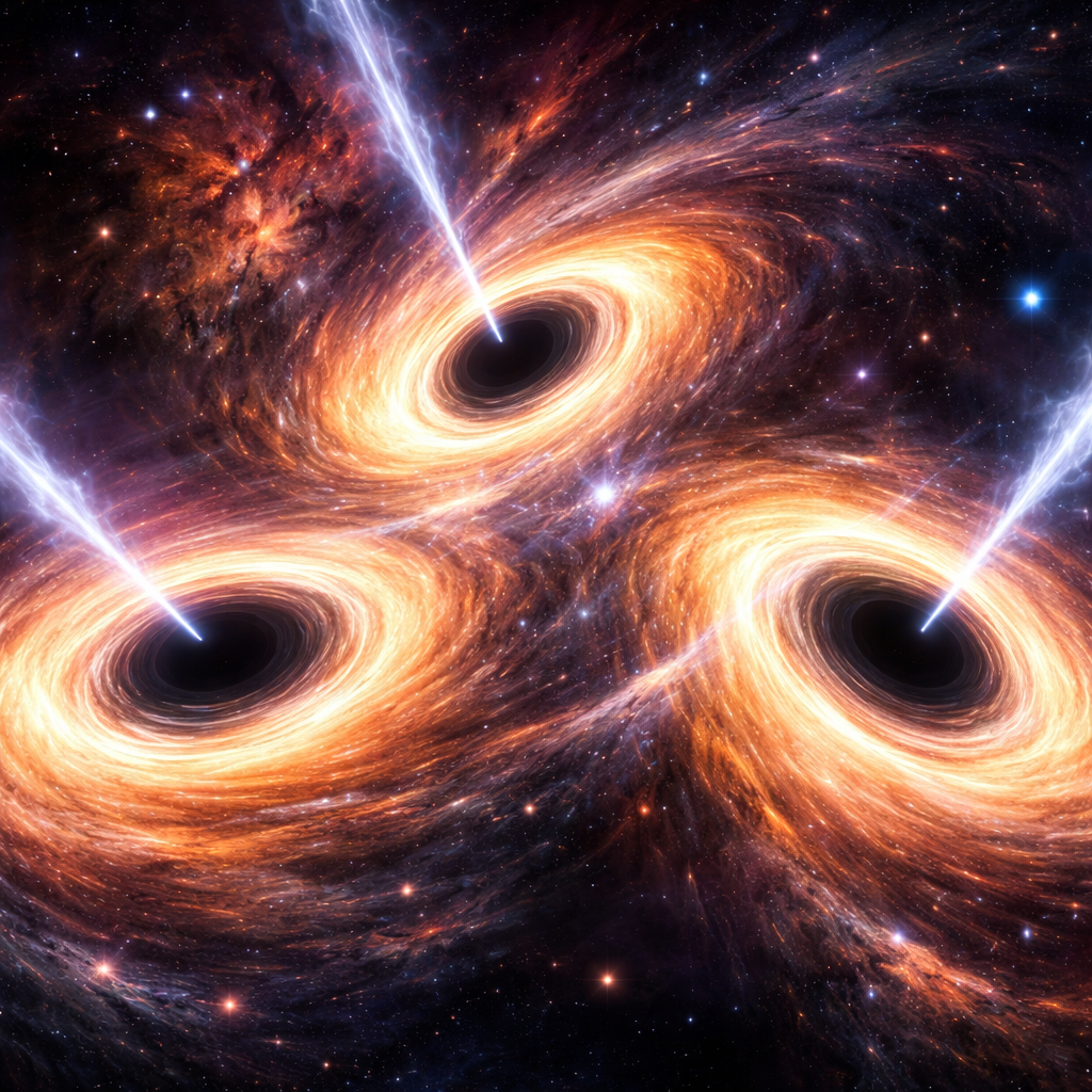 Ilustração artística mostrando três buracos negros supermassivos ativos, cada um com disco de acreção brilhante e jatos energéticos, interagindo em um sistema triplo no espaço profundo.