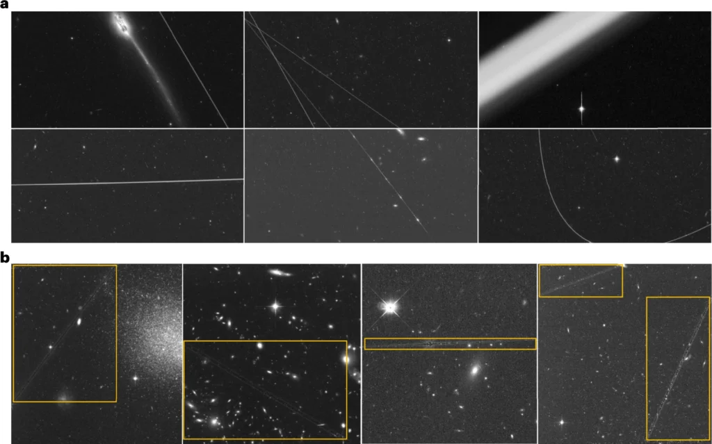 Exemplos de rastros deixados por satélites em imagens individuais do Hubble (HST/ACS/WFC), cada uma com cerca de 11 minutos de exposição. As cenas mostram desde trilhas típicas até múltiplos rastros simultâneos, trilhas cintilantes, desfocadas e até curvas — todas interferindo diretamente na qualidade científica das observações.
A imagem também exibe composições onde esses rastros não foram totalmente removidos, identificados automaticamente com caixas delimitadoras.
Créditos: Nature Astronomy