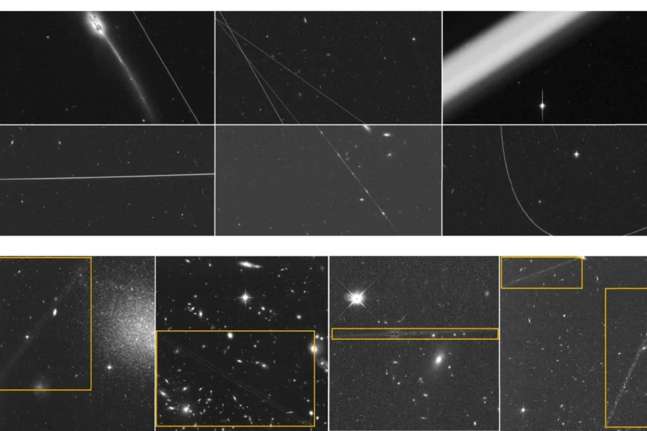 Exemplos de rastros deixados por satélites em imagens individuais do Hubble (HST/ACS/WFC), cada uma com cerca de 11 minutos de exposição. As cenas mostram desde trilhas típicas até múltiplos rastros simultâneos, trilhas cintilantes, desfocadas e até curvas — todas interferindo diretamente na qualidade científica das observações. A imagem também exibe composições onde esses rastros não foram totalmente removidos, identificados automaticamente com caixas delimitadoras. Créditos: Nature Astronomy