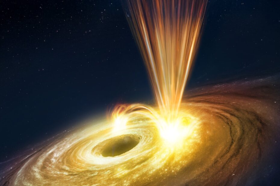 Representação artística de um buraco negro no centro da galáxia NGC 3783. Um disco de acreção dourado e turbulento gira ao redor de uma região escura central, enquanto um ponto brilhante libera um arco de radiação e jatos de vento extremamente rápidos que se erguem para o topo da imagem.