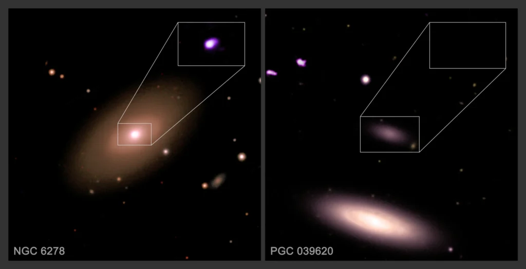 Imagens das galáxias NGC 6278 e PGC 039620, combinando dados em raios-X do Chandra e luz óptica do SDSS, usadas em um estudo que mostra que galáxias anãs raramente possuem buracos negros supermassivos em seus centros.
