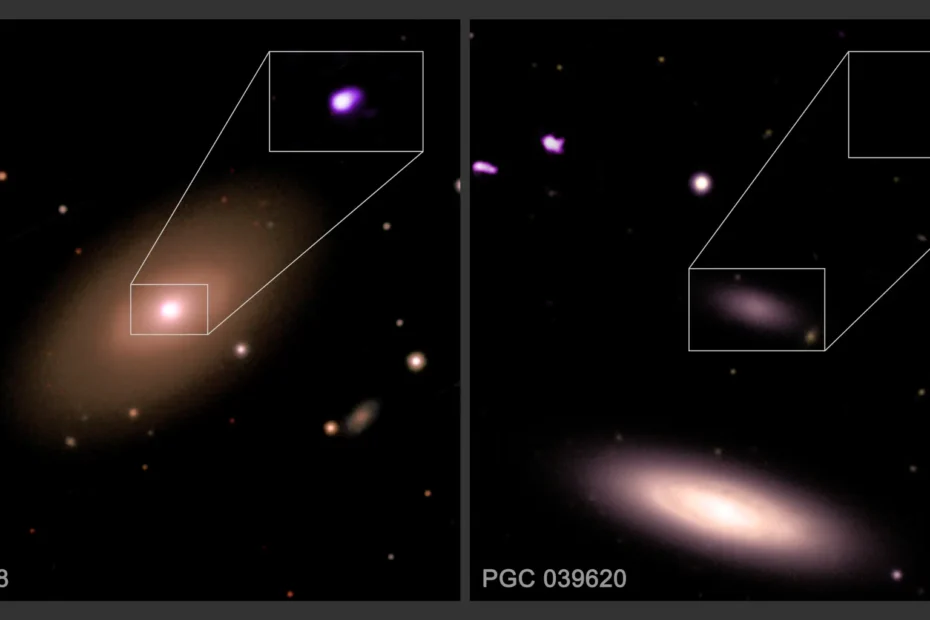 Imagens das galáxias NGC 6278 e PGC 039620, combinando dados em raios-X do Chandra e luz óptica do SDSS, usadas em um estudo que mostra que galáxias anãs raramente possuem buracos negros supermassivos em seus centros.