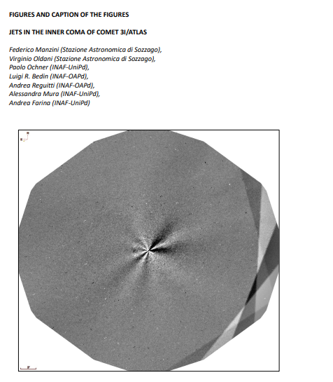Cortes fotométricos realizados a 2.000 km e 3.000 km do centro óptico do cometa interestelar 3I/ATLAS, com base em imagens do Telescópio Espacial Hubble de 30 de novembro de 2025. Os dados foram realçados com filtros 1/r e Larson-Sekanina (α = 15°), enquanto as setas indicam os picos de luminosidade associados aos jatos cometários.