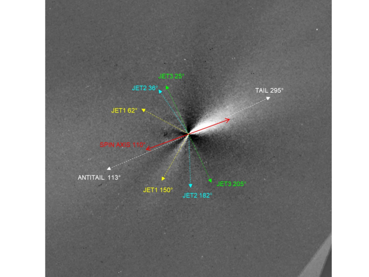 Imagem do cometa interestelar 3I/ATLAS observada pelo Telescópio Espacial Hubble, mostrando jatos na coma interna após processamento com filtro Larson-Sekanina, com resolução de 56 km por pixel.