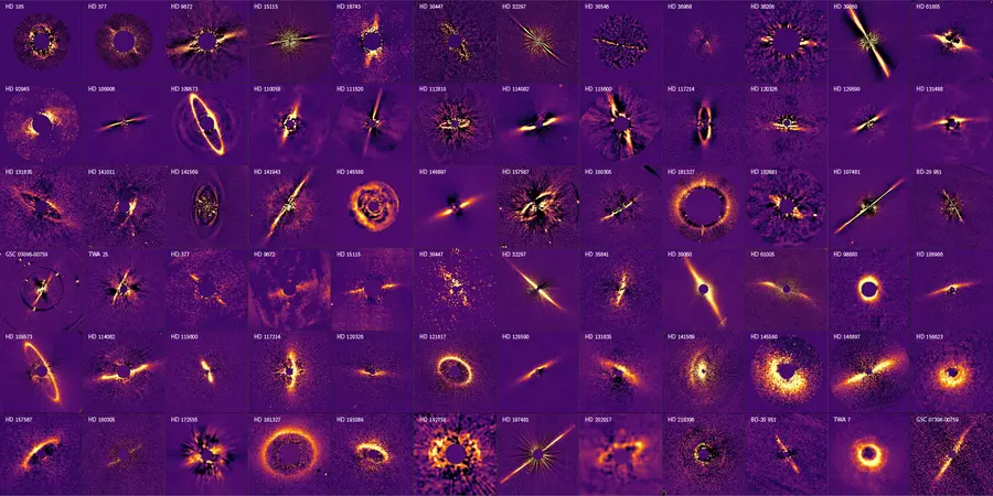Galeria do instrumento SPHERE mostrando diversos discos de detritos ao redor de estrelas jovens. Cada disco aparece iluminado pela luz estelar refletida pela poeira, enquanto o brilho da estrela central é bloqueado pelo coronógrafo, revelando estruturas como anéis, lacunas e assimetrias.