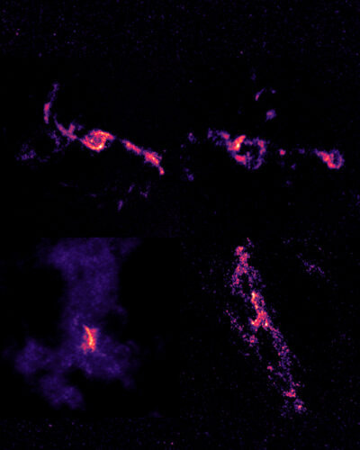 imagem de alta resolução do ALMA mostrando gás molecular em galáxias em fusão com dois núcleos galácticos ativos, mapeado pela emissão de monóxido de carbono
