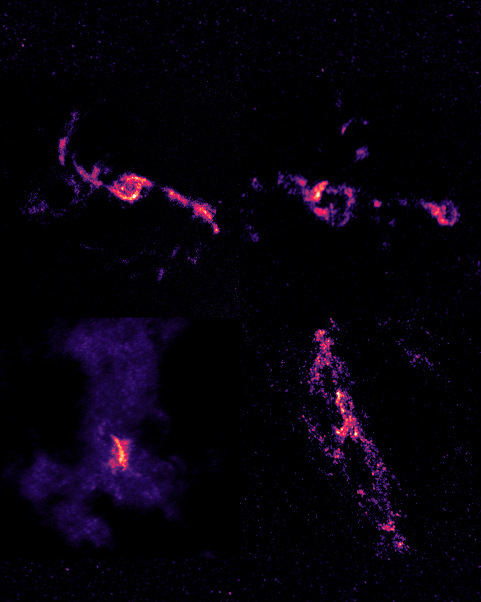 imagem de alta resolução do ALMA mostrando gás molecular em galáxias em fusão com dois núcleos galácticos ativos, mapeado pela emissão de monóxido de carbono