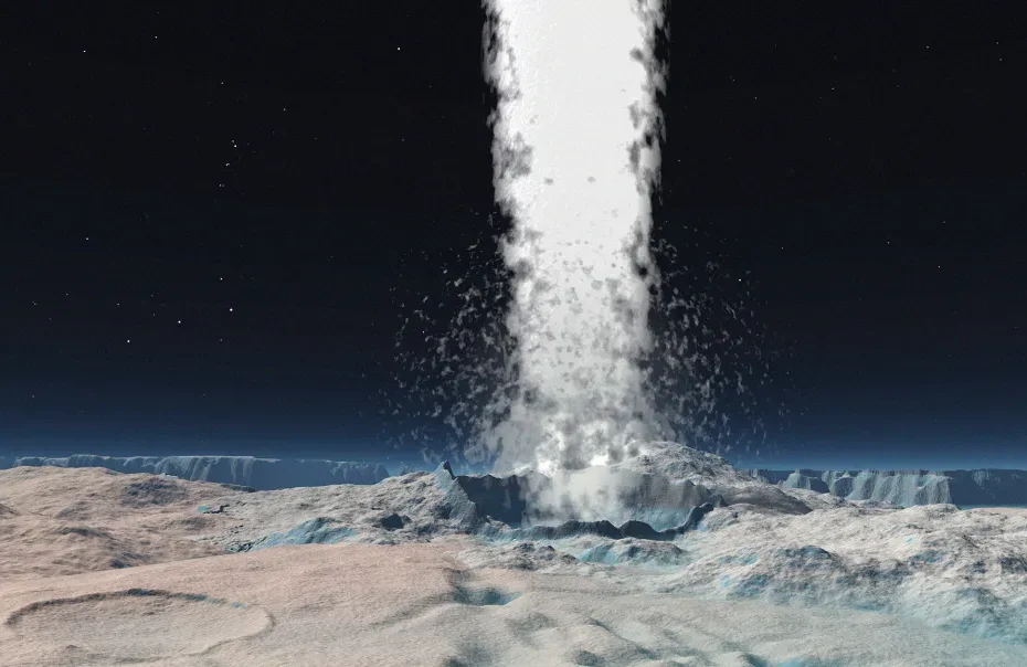 Imagem ilustrativa do cometa interestelar 3I/ATLAS mostrando um possível criovulcão ativo, com jatos de gelo, gás e poeira sendo expelidos da superfície, em referência ao novo estudo que sugere atividade criovulcânica no objeto.