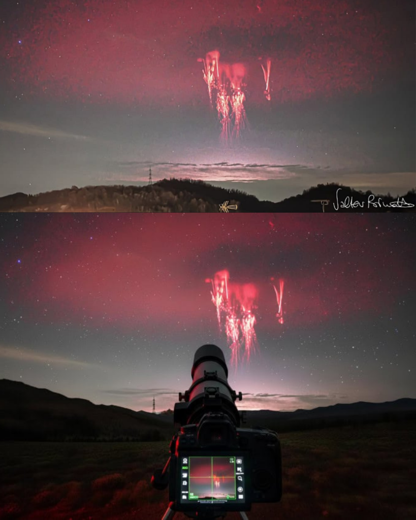 Sprites vermelhos iluminam a alta atmosfera durante uma tempestade, registrados por uma c&acirc;mera apontada para o c&eacute;u noturno em um campo aberto.