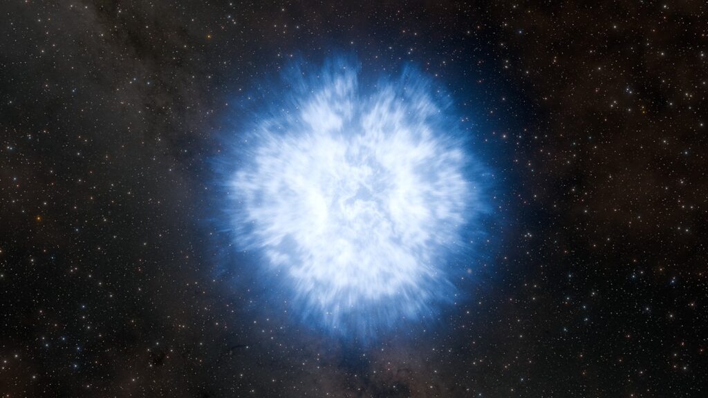 Ilustração artística de uma superkilonova mostrando uma supernova que forma duas estrelas de nêutrons, seguida pela fusão dessas estrelas em uma kilonova com emissão de ondas gravitacionais
