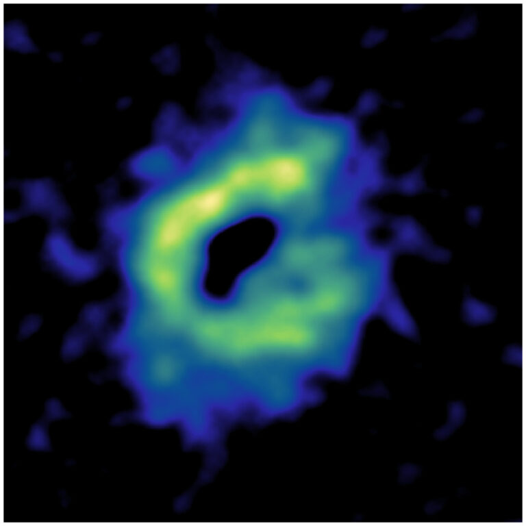 Line 9: SO2 = sulfur dioxide. With this molecule, we probe chemistry in the gas hit by shock waves that the pulsating star generates. Credit: K. Ohnaka, ALMA (ESO/NAOJ/NRAO)