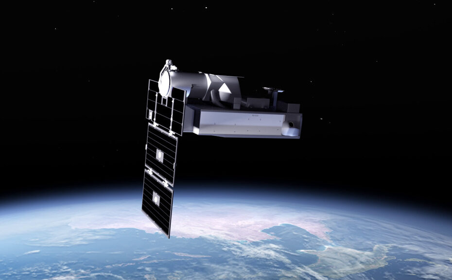 Ilustração da missão PUNCH da NASA mostrando quatro pequenos satélites observando a coroa solar e o vento solar ao redor do Sol