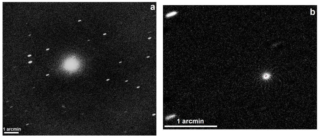 Imagem observacional do cometa interestelar 3I/ATLAS duas semanas após o periélio, mostrando sua aparência difusa e concentrada. A imagem empilhada revela jatos em estrutura espiral ao redor do núcleo, identificados após filtragem Larson–Sekanina.