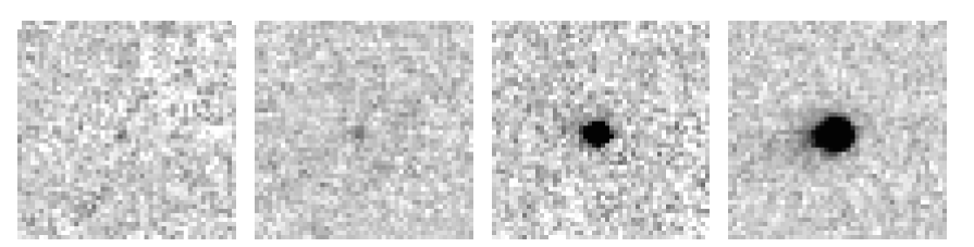 Sequência de quatro imagens mostrando a evolução do cometa interestelar 3I/ATLAS. Da esquerda para a direita: pilha de imagens no filtro c entre MJD 60818–60826; pilha no filtro o entre MJD 60817–60828; imagem do MJD 60884 pouco antes da mudança na inclinação da curva H; e imagem do MJD 60905 revelando uma cauda antisolar proeminente voltada para leste. Cada quadro cobre 100″ com pixels de 2″, orientação norte para cima e leste à esquerda; áreas escuras indicam brilho superficial acima de 23.2 AB/arcsec².