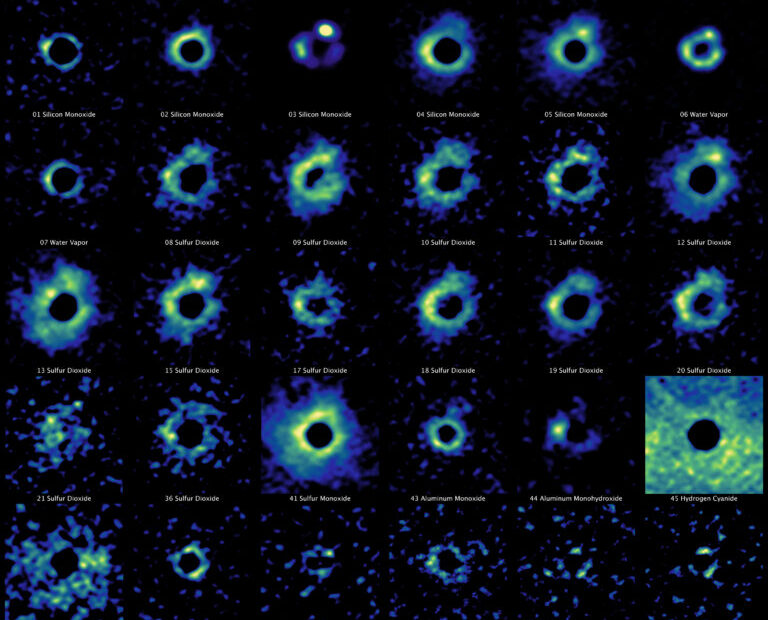 Montagem mostrando 30 das 57 faces da estrela moribunda W Hydrae, observadas pelo ALMA em diferentes linhas moleculares. Cada imagem revela variações na atmosfera estelar e na distribuição de moléculas. Crédito: K. Ohnaka, N. Lira, ALMA (ESO/NAOJ/NRAO)