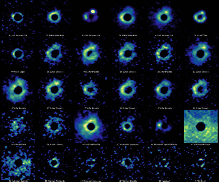 Montagem mostrando 30 das 57 faces da estrela moribunda W Hydrae, observadas pelo ALMA em diferentes linhas moleculares. Cada imagem revela variações na atmosfera estelar e na distribuição de moléculas. Crédito: K. Ohnaka, N. Lira, ALMA (ESO/NAOJ/NRAO)
