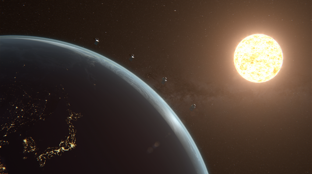 Ilustração da missão PUNCH da NASA mostrando quatro pequenos satélites observando a coroa solar e o vento solar ao redor do Sol