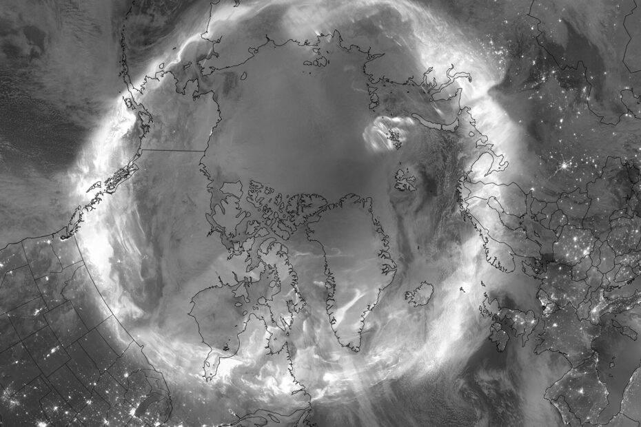Aurora boreal sobre o Polo Norte durante uma tempestade solar, mostrando o aumento de prótons de alta energia — um raro Pico de Prótons Tempestade Solar detectado pelos instrumentos da missão Swarm.