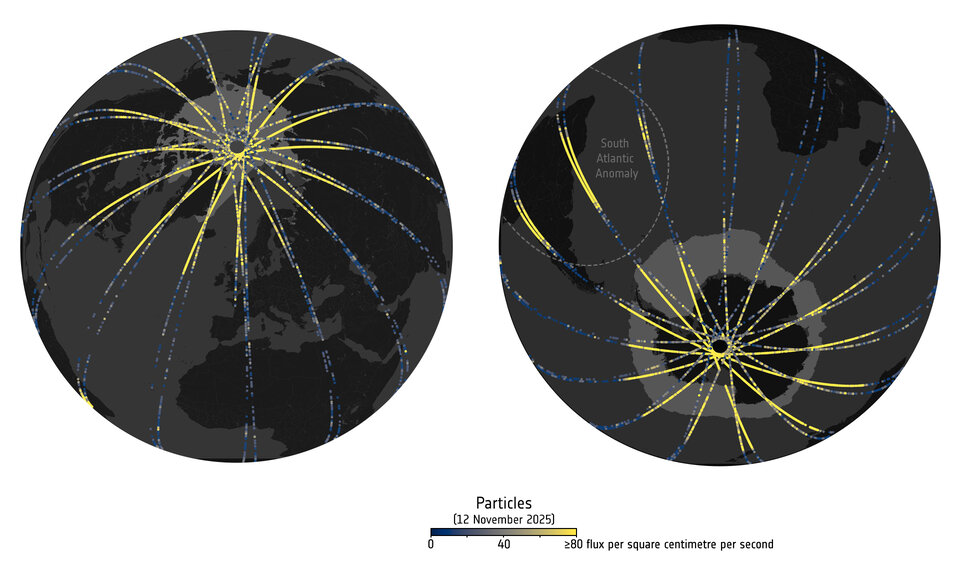 Mapa mostrando o fluxo de prótons de alta energia sobre as regiões polares durante a tempestade solar de novembro de 2025, destacando um raro Pico de Prótons Tempestade Solar detectado pela missão Swarm.