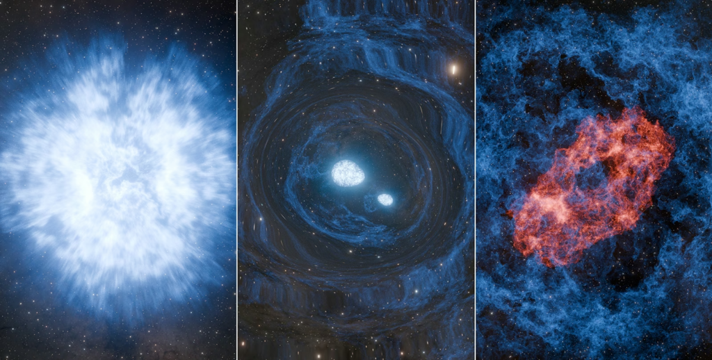 Ilustração artística de uma superkilonova mostrando uma supernova que forma duas estrelas de nêutrons, seguida pela fusão dessas estrelas em uma kilonova com emissão de ondas gravitacionais