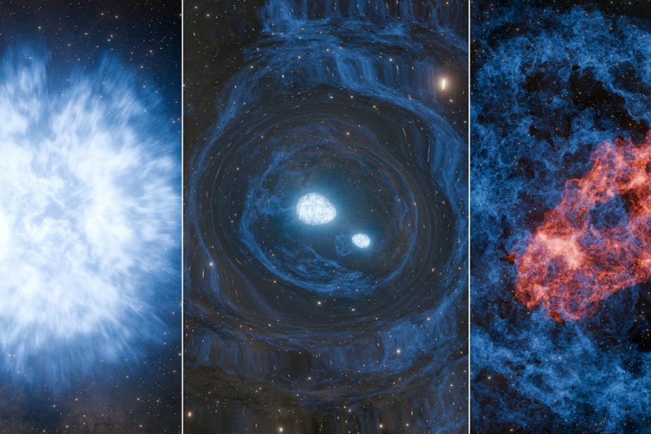 Ilustração artística de uma superkilonova mostrando uma supernova que forma duas estrelas de nêutrons, seguida pela fusão dessas estrelas em uma kilonova com emissão de ondas gravitacionais