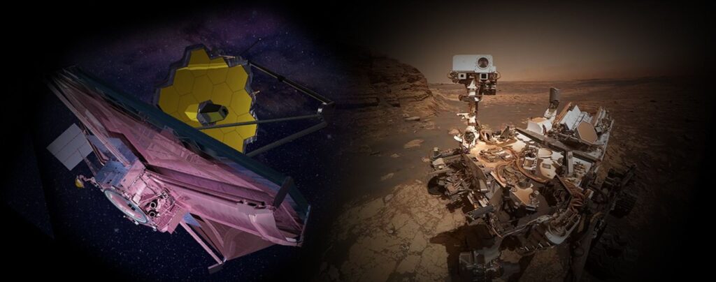 magem comparativa mostrando, à esquerda, o Telescópio Espacial James Webb da NASA observando o Universo profundo e, à direita, o rover Curiosity da NASA explorando a superfície de Marte, representando avanços históricos da exploração espacial. Créditos: NASA GSFC / NASA JPL.