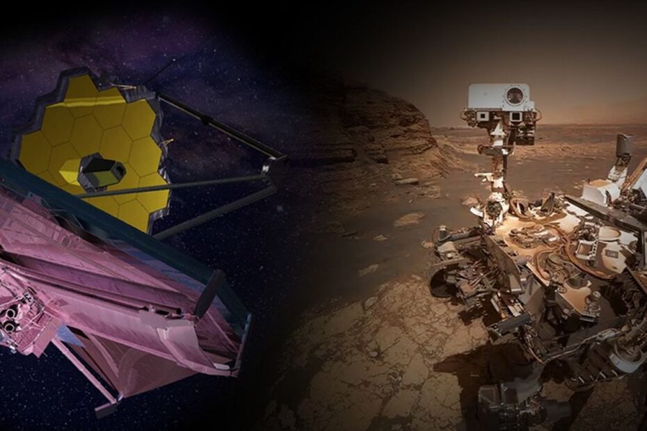 magem comparativa mostrando, à esquerda, o Telescópio Espacial James Webb da NASA observando o Universo profundo e, à direita, o rover Curiosity da NASA explorando a superfície de Marte, representando avanços históricos da exploração espacial. Créditos: NASA GSFC / NASA JPL.