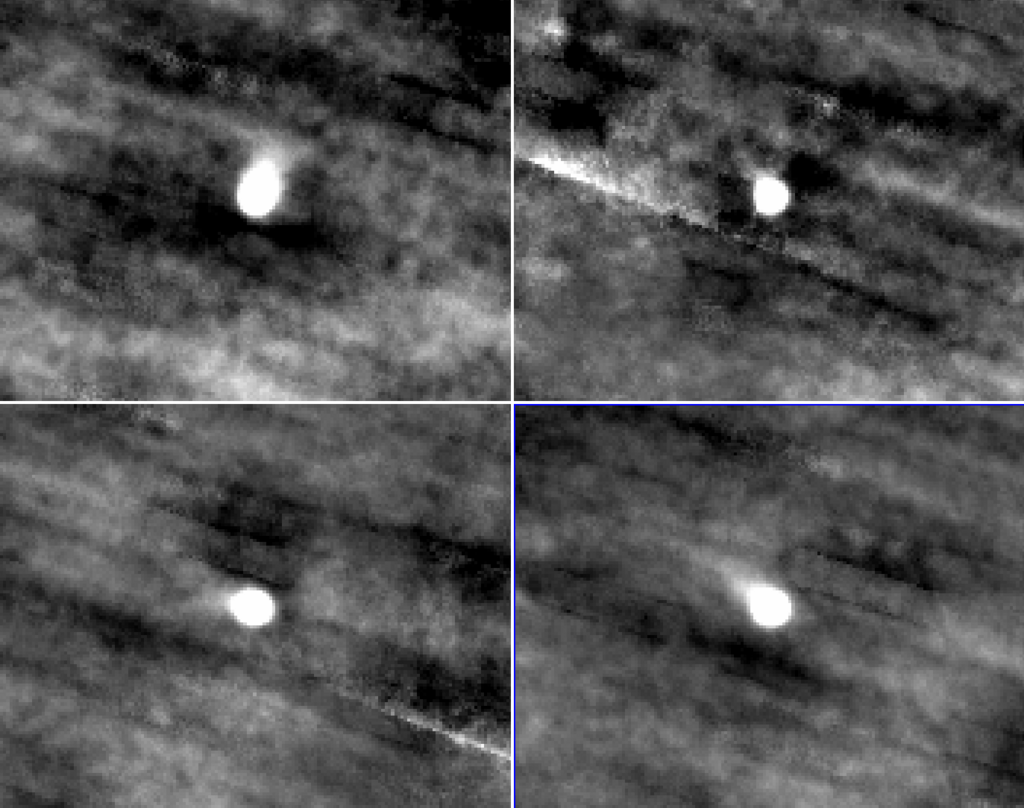 Sequência de quatro imagens produzidas pela missão PUNCH mostrando o cometa interestelar 3I/ATLAS enquanto se desloca pelo campo de visão. Cada quadro corresponde a um dia diferente, entre 30 de outubro e 2 de novembro. O cometa aparece como um ponto luminoso em movimento frente ao brilho difuso do ambiente solar, permitindo acompanhar sua trajetória mesmo enquanto estava oculto atrás do Sol na perspectiva da Terra.