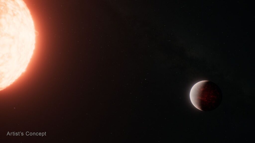 Ilustração artística do exoplaneta TOI-561 b orbitando sua estrela, mostrando um oceano de magma coberto por uma atmosfera espessa, conforme revelado por dados do Telescópio Espacial James Webb.