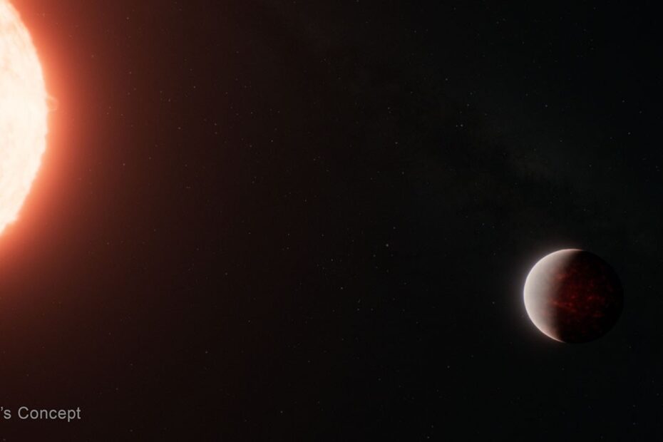 Ilustração artística do exoplaneta TOI-561 b orbitando sua estrela, mostrando um oceano de magma coberto por uma atmosfera espessa, conforme revelado por dados do Telescópio Espacial James Webb.