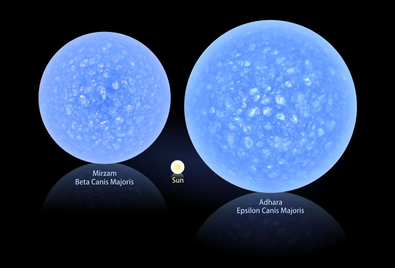 Ilustração comparando as estrelas Epsilon Canis Majoris e Beta Canis Majoris, ambas gigantes do tipo B, destacadas como muito maiores em tamanho em relação ao Sol, que é mostrado como uma estrela de classe G bem menor. Créditos: NASA’s Goddard Space Flight Center.