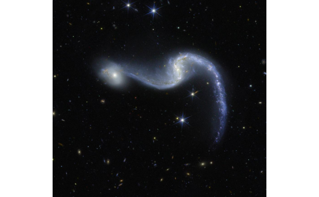 Gal&aacute;xia espiral barrada NGC 646 observada pelo telesc&oacute;pio espacial Euclid, com bra&ccedil;os espirais brilhando em tons de azul e branco contra o fundo escuro do espa&ccedil;o, acompanhada pela gal&aacute;xia menor PGC 6014 &agrave; esquerda.