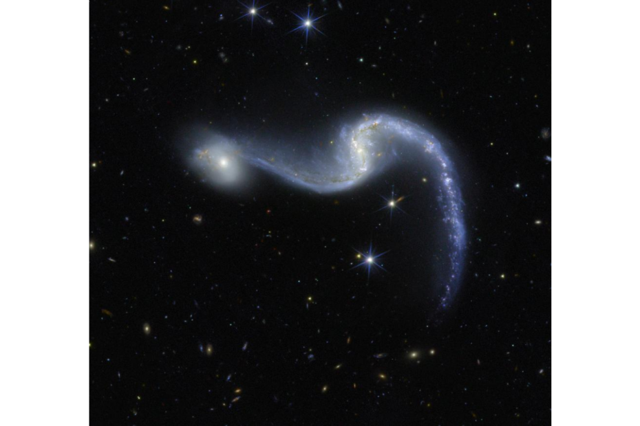 Galáxia espiral barrada NGC 646 observada pelo telescópio espacial Euclid, com braços espirais brilhando em tons de azul e branco contra o fundo escuro do espaço, acompanhada pela galáxia menor PGC 6014 à esquerda.