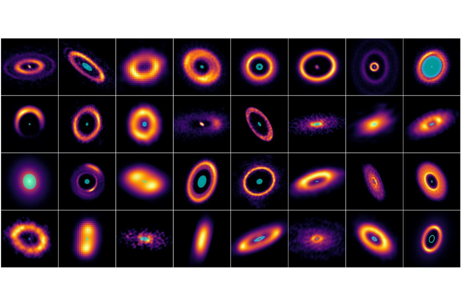 [Image description: A collage of 32 glowing discs on a black background. Each disc shows concentric rings in vivid colours: purple, orange, and yellow, with bright cyan centres. The discs vary in size and orientation, creating a striking pattern of circular and elliptical shapes.]