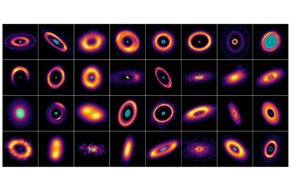 [Image description: A collage of 32 glowing discs on a black background. Each disc shows concentric rings in vivid colours: purple, orange, and yellow, with bright cyan centres. The discs vary in size and orientation, creating a striking pattern of circular and elliptical shapes.]

