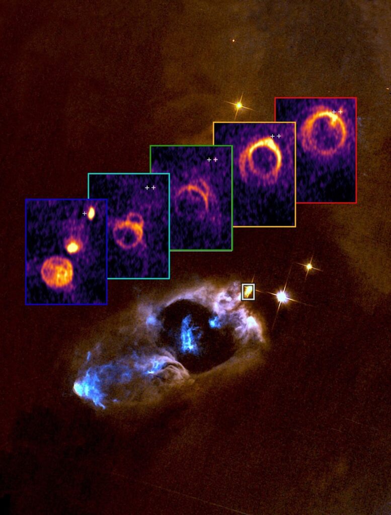 Vis&atilde;o tomogr&aacute;fica do ALMA mostrando o jato protostelar supers&ocirc;nico de SVS 13 interagindo com o meio interestelar, com cores indicando diferentes velocidades do g&aacute;s