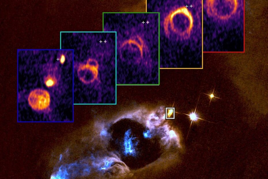 Visão tomográfica do ALMA mostrando o jato protostelar supersônico de SVS 13 interagindo com o meio interestelar, com cores indicando diferentes velocidades do gás