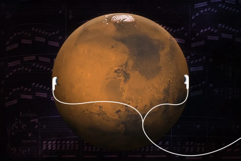 Ilustração divertida de Marte usando fones de ouvido, representando a pergunta “Como o som viaja em Marte”, em referência a novas pesquisas que investigam os segredos acústicos do planeta.