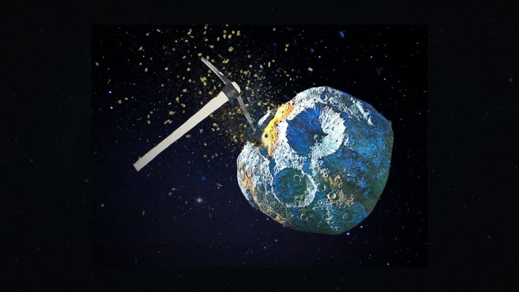 Ilustra&ccedil;&atilde;o conceitual mostrando uma picareta met&aacute;lica atingindo o asteroide Psyche, simbolizando a futura minera&ccedil;&atilde;o de recursos espaciais.