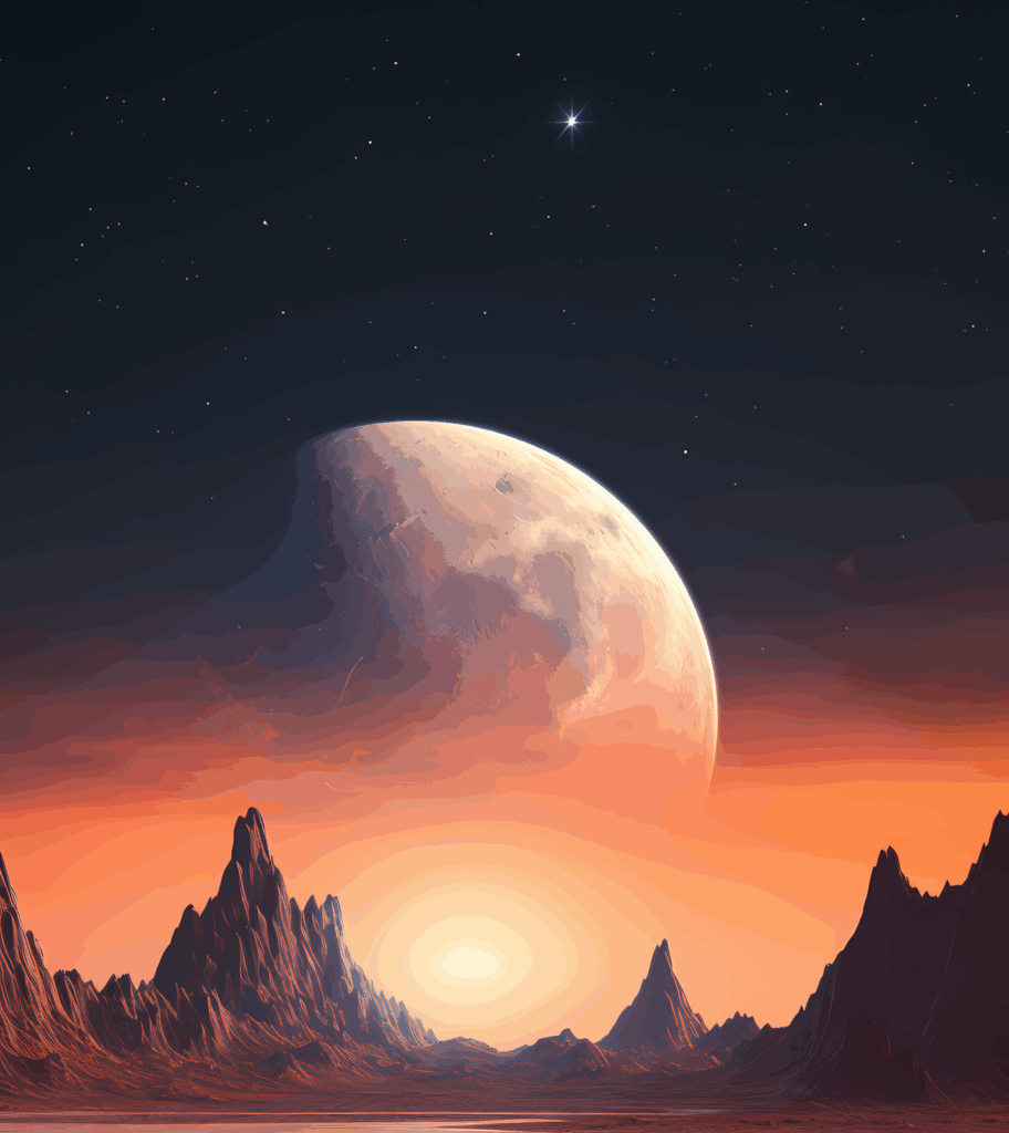 Ilustração mostrando a superfície avermelhada de Marte com um horizonte rochoso e, ao fundo, uma lua gigante hipotética ocupando grande parte do céu marciano.