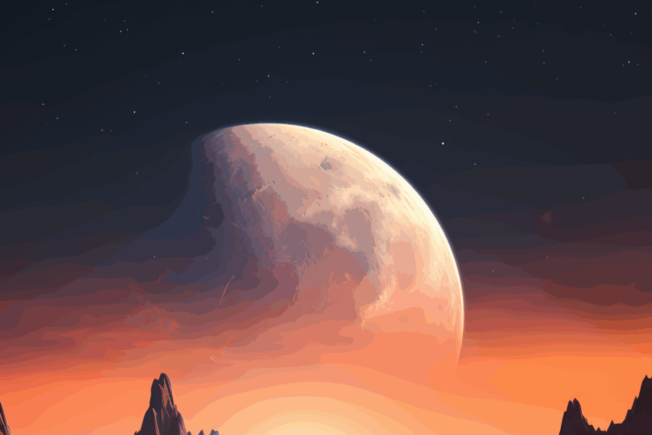 Ilustração mostrando a superfície avermelhada de Marte com um horizonte rochoso e, ao fundo, uma lua gigante hipotética ocupando grande parte do céu marciano.