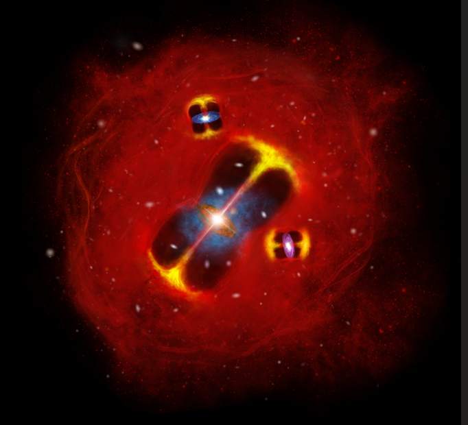 Ilustração artística do aglomerado de galáxias SPT2349-56 em formação, mostrando jatos de rádio emitidos por galáxias ativas imersas em uma atmosfera quente de gás intraglomerado.