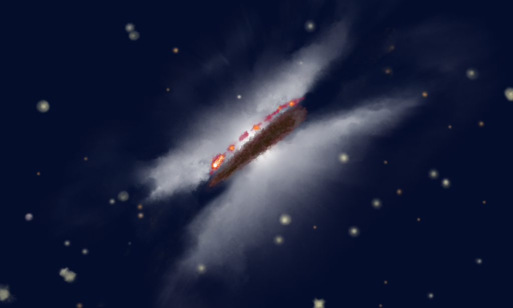 Ilustração artística de um disco protoplanetário visto quase de perfil, com camadas bem definidas de gás e poeira empilhadas ao redor de uma estrela jovem. As diferentes camadas representam a distribuição vertical de moléculas gasosas e grãos de poeira milimétricos, organizados em regiões distintas do disco durante o processo de formação planetária.