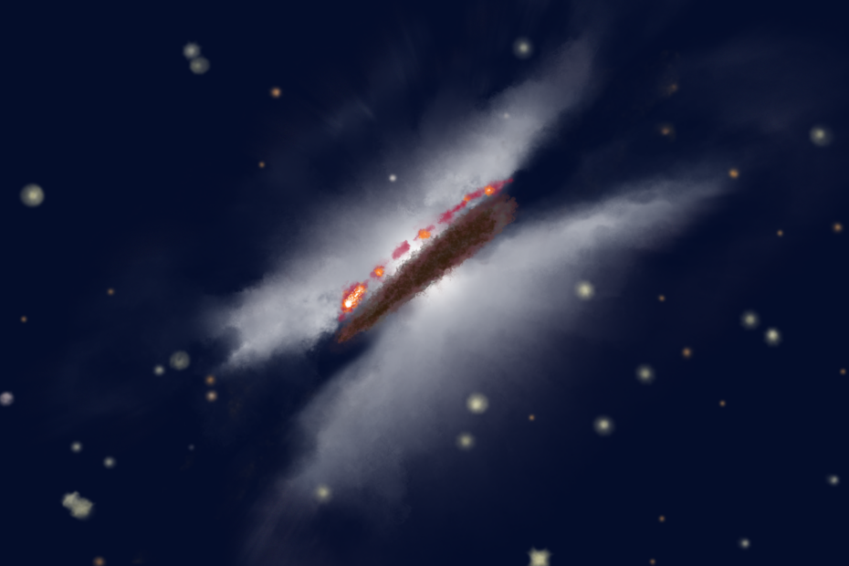 Ilustração artística de um disco protoplanetário visto quase de perfil, com camadas bem definidas de gás e poeira empilhadas ao redor de uma estrela jovem. As diferentes camadas representam a distribuição vertical de moléculas gasosas e grãos de poeira milimétricos, organizados em regiões distintas do disco durante o processo de formação planetária.