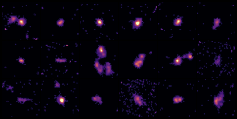 Conjunto de 18 gal&aacute;xias do levantamento ALPINE-CRISTAL-JWST mostrando g&aacute;s ionizado e intera&ccedil;&otilde;es gal&aacute;cticas no universo primitivo.