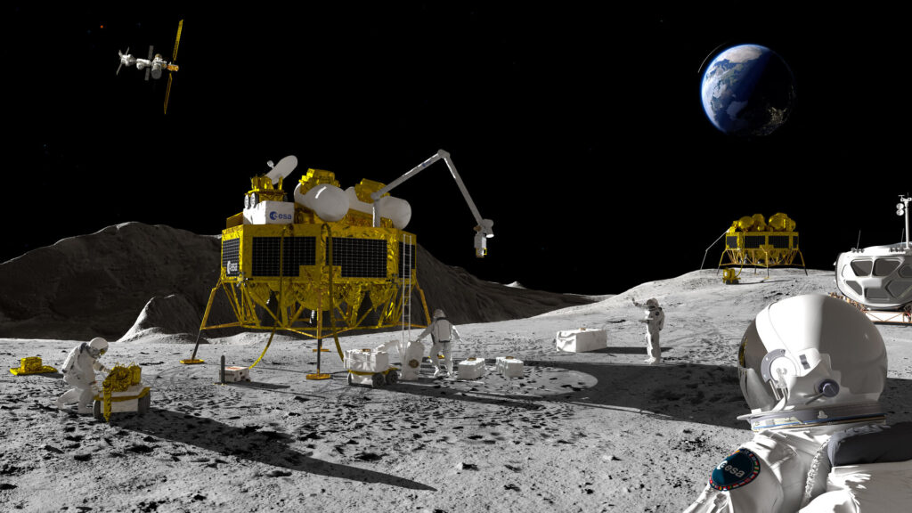 Ilustração artística de um cenário de exploração lunar mostrando o lander europeu EL3, astronautas do programa Artemis, rovers robóticos e a estação lunar Gateway em órbita da Lua.